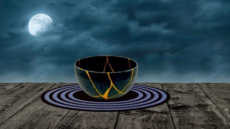 A pot repaired in the style of kintsugi, an example of wabi-sabi